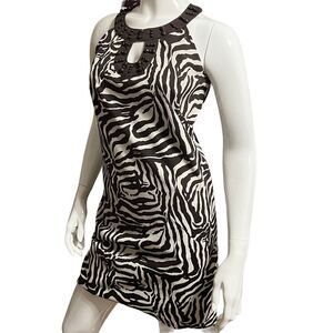 LOFT Mini dress Beaded Keyhole Neckline Sleeveless Brown & White size 4P